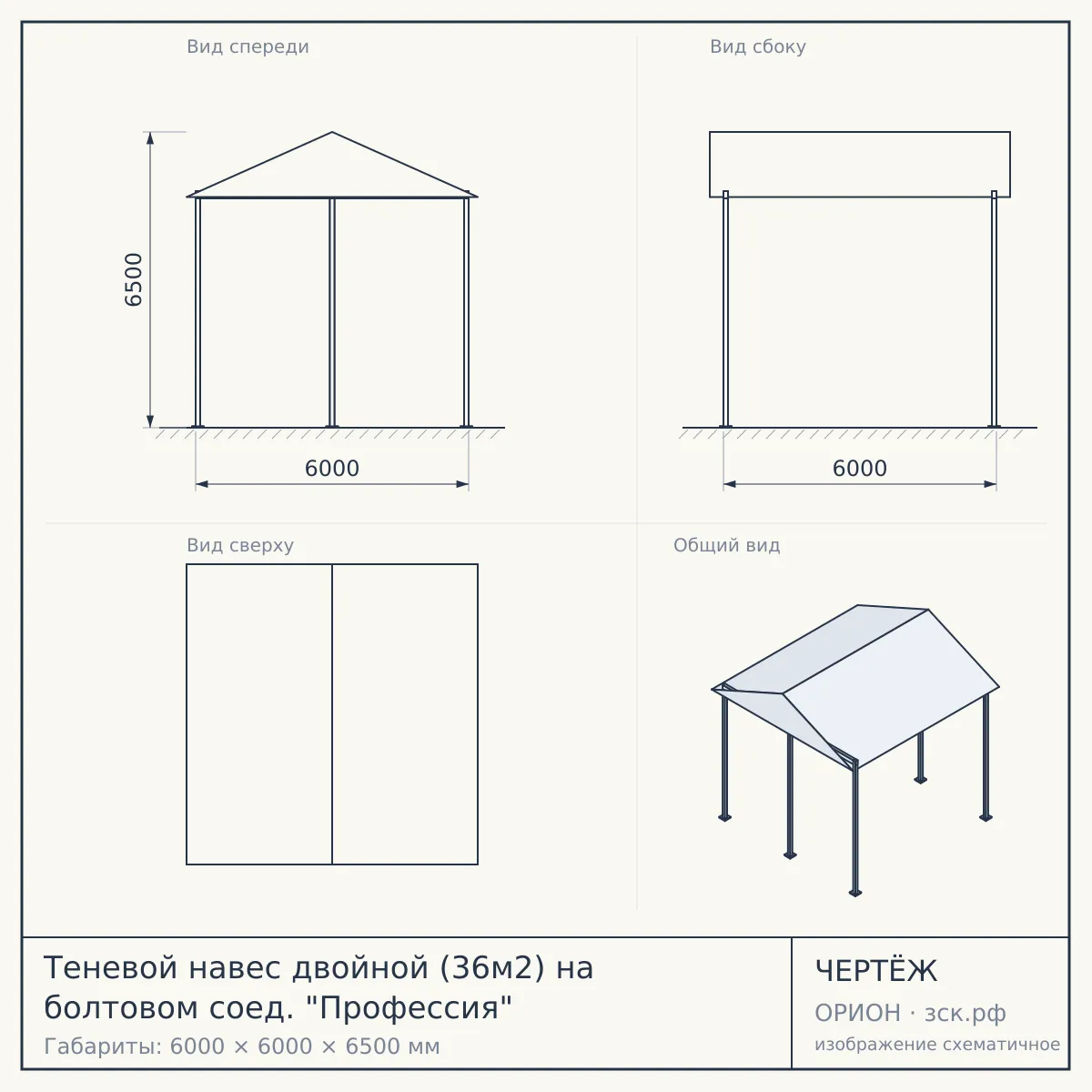Теневой навес двойной (36м2) на болтовом соед. "Профессия" — чертёж